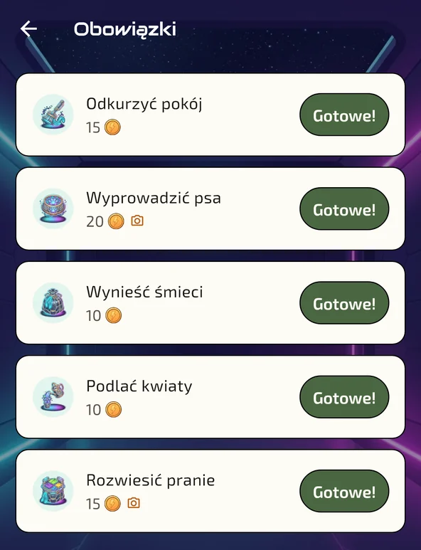 Ekran obowiązków w aplikacji Sprita: karty z ikonami zadań domowych, monetami i przyciskiem Gotowe
